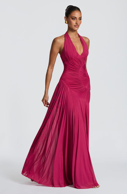 Koriora | Robe Maxi Halter Lise — Drapé Asymétrique & Mesh Premium