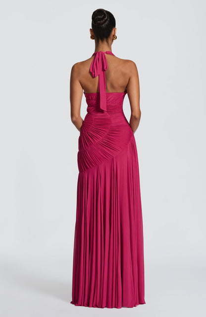 Koriora | Robe Maxi Halter Lise — Drapé Asymétrique & Mesh Premium