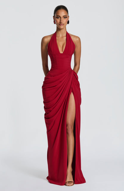 Koriora | Robe Maxi Bustier Linde — Halter Profond & Drapé Asymétrique
