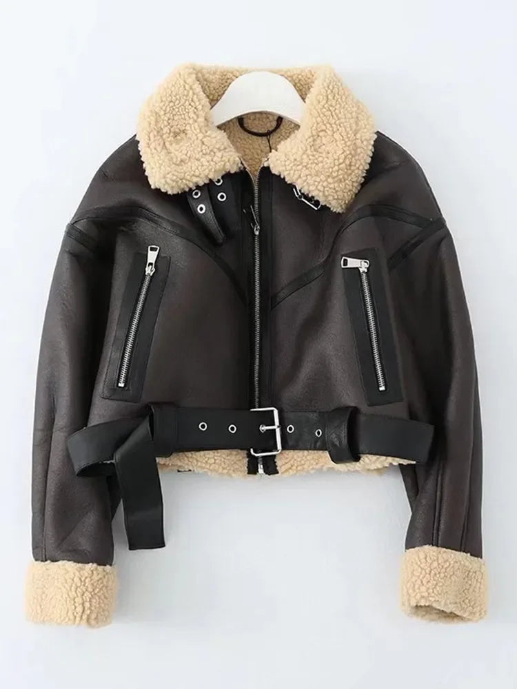 Veste Biker Femme Noire en Simili Cuir à Col Fausse Fourrure – Ceinturée