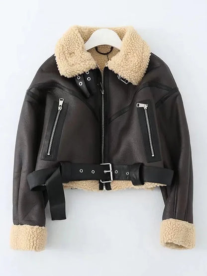 Veste Biker Femme Noire en Simili Cuir à Col Fausse Fourrure – Ceinturée