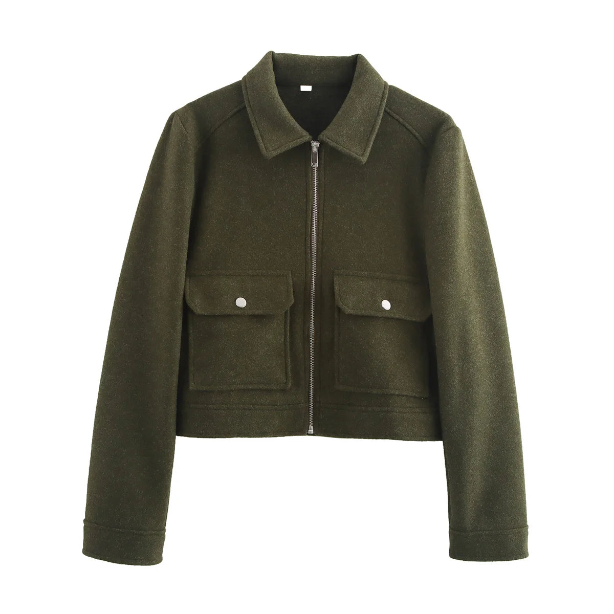 Veste Courte Femme Beige à Zip – Col Chemise & Poches Plaquées