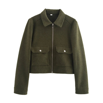 Veste Courte Femme Beige à Zip – Col Chemise & Poches Plaquées