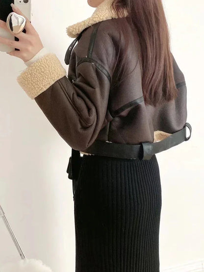 Veste Biker Femme Noire en Simili Cuir à Col Fausse Fourrure – Ceinturée