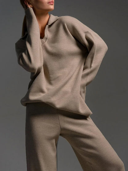 Koriora | Ensemble Lounge Selviane – Ensemble Femme 2 Pièces Maille | Pull Col Polo & Pantalon Large Élégant