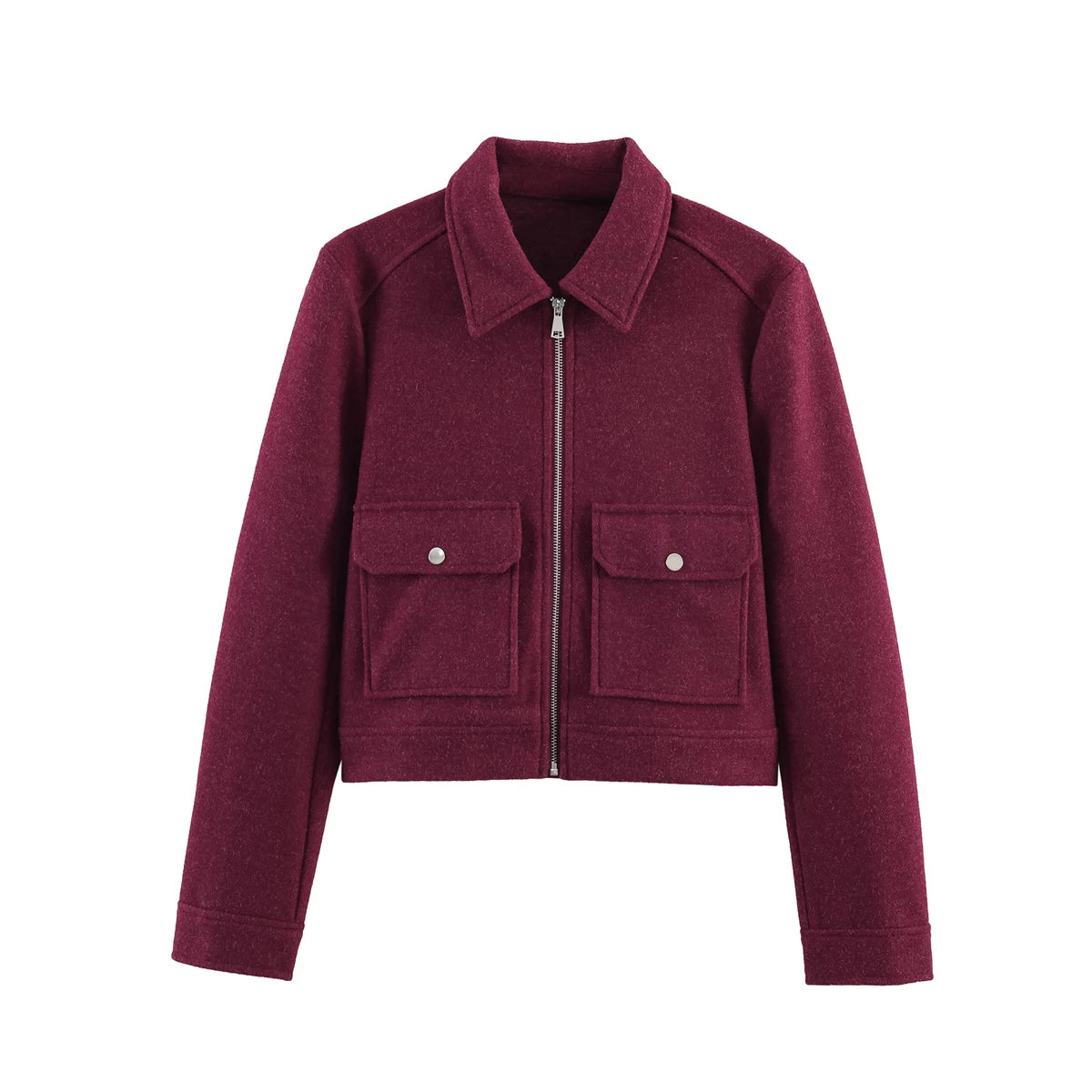 Veste Courte Femme Beige à Zip – Col Chemise & Poches Plaquées