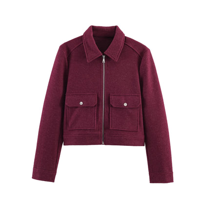 Veste Courte Femme Beige à Zip – Col Chemise & Poches Plaquées