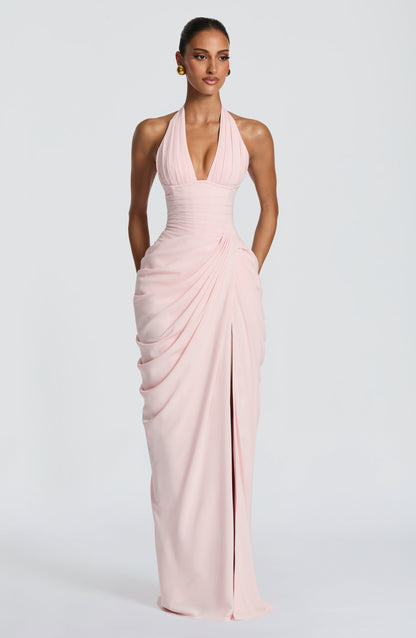 Koriora | Robe Maxi Bustier Linde — Halter Profond & Drapé Asymétrique
