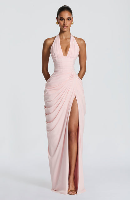 Koriora | Robe Maxi Bustier Linde — Halter Profond & Drapé Asymétrique