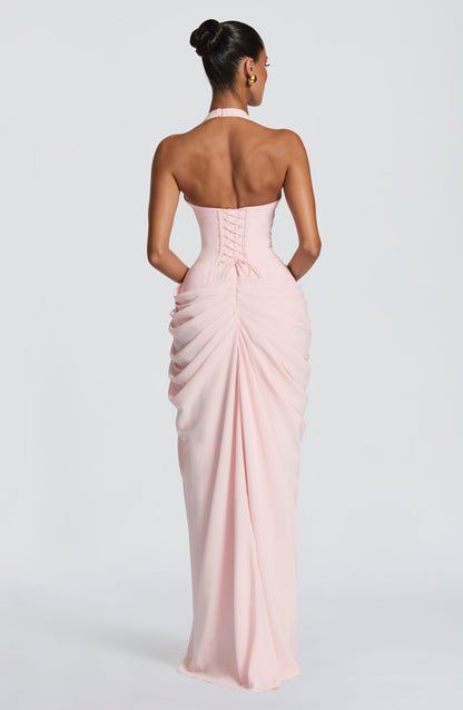 Koriora | Robe Maxi Bustier Linde — Halter Profond & Drapé Asymétrique