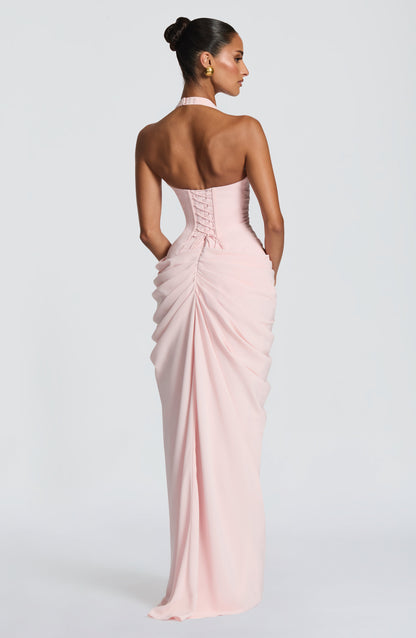 Koriora | Robe Maxi Bustier Linde — Halter Profond & Drapé Asymétrique