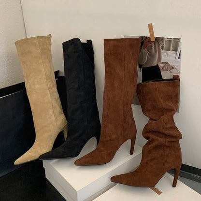 Bottes Hautes Femme Effet Daim à Talon Haut – Bout Pointu
