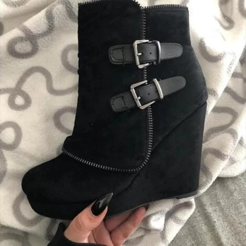 Bottines Compensées Femme à Boucles – Talon Plateforme & Bout Rond