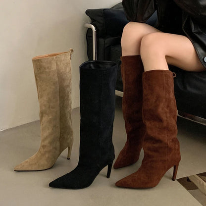 Bottes Hautes Femme Effet Daim à Talon Haut – Bout Pointu