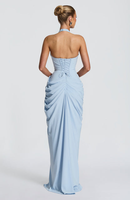 Koriora | Robe Maxi Bustier Linde — Halter Profond & Drapé Asymétrique