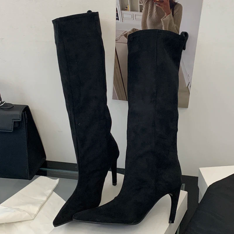 Bottes Hautes Femme Effet Daim à Talon Haut – Bout Pointu
