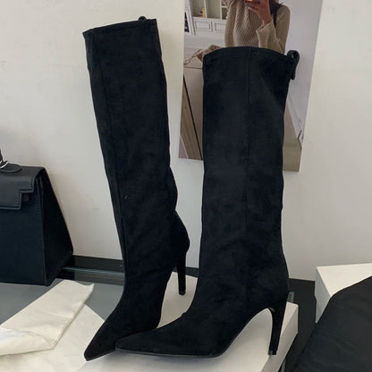 Bottes Hautes Femme Effet Daim à Talon Haut – Bout Pointu