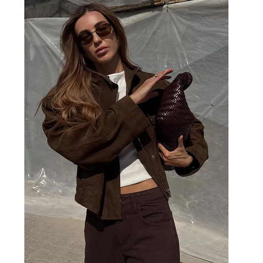 Women's Chocolate Brown Short Suede-Effect Stand-Collar Jacket