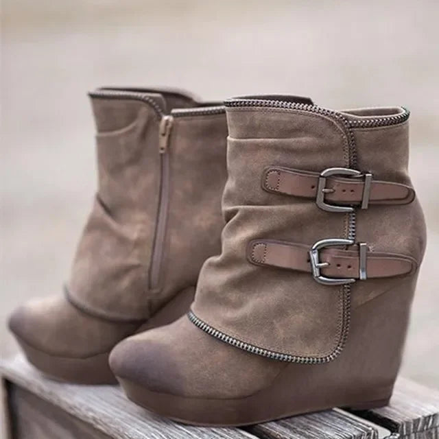 Bottines Compensées Femme à Boucles – Talon Plateforme & Bout Rond