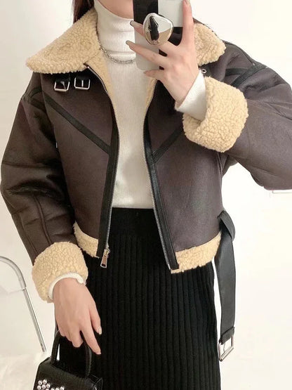 Veste Biker Femme Noire en Simili Cuir à Col Fausse Fourrure – Ceinturée