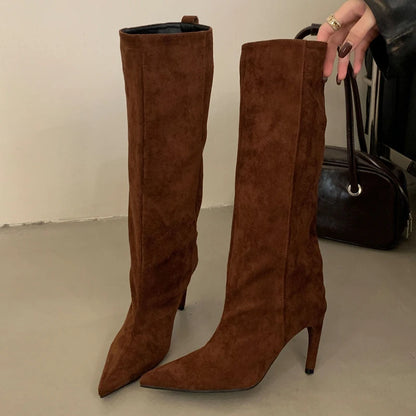 Bottes Hautes Femme Effet Daim à Talon Haut – Bout Pointu