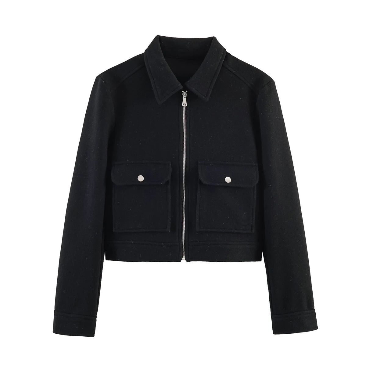 Veste Courte Femme Beige à Zip – Col Chemise & Poches Plaquées