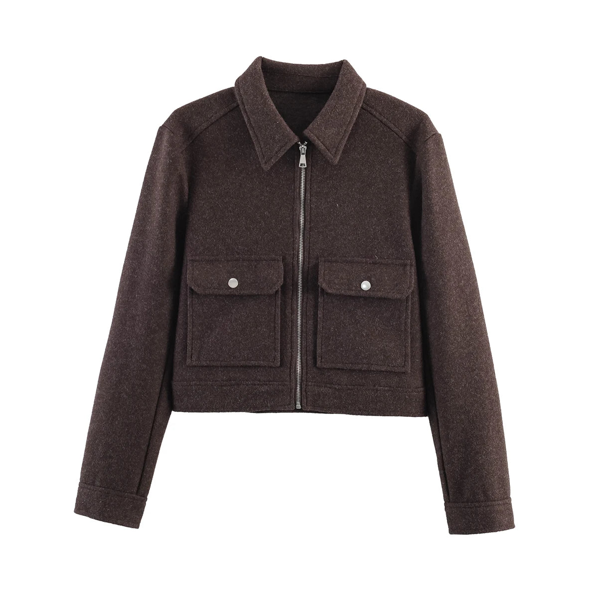 Veste Courte Femme Beige à Zip – Col Chemise & Poches Plaquées