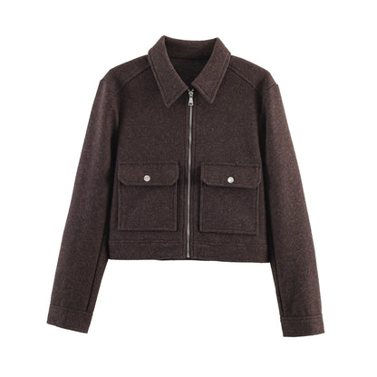 Veste Courte Femme Beige à Zip – Col Chemise & Poches Plaquées