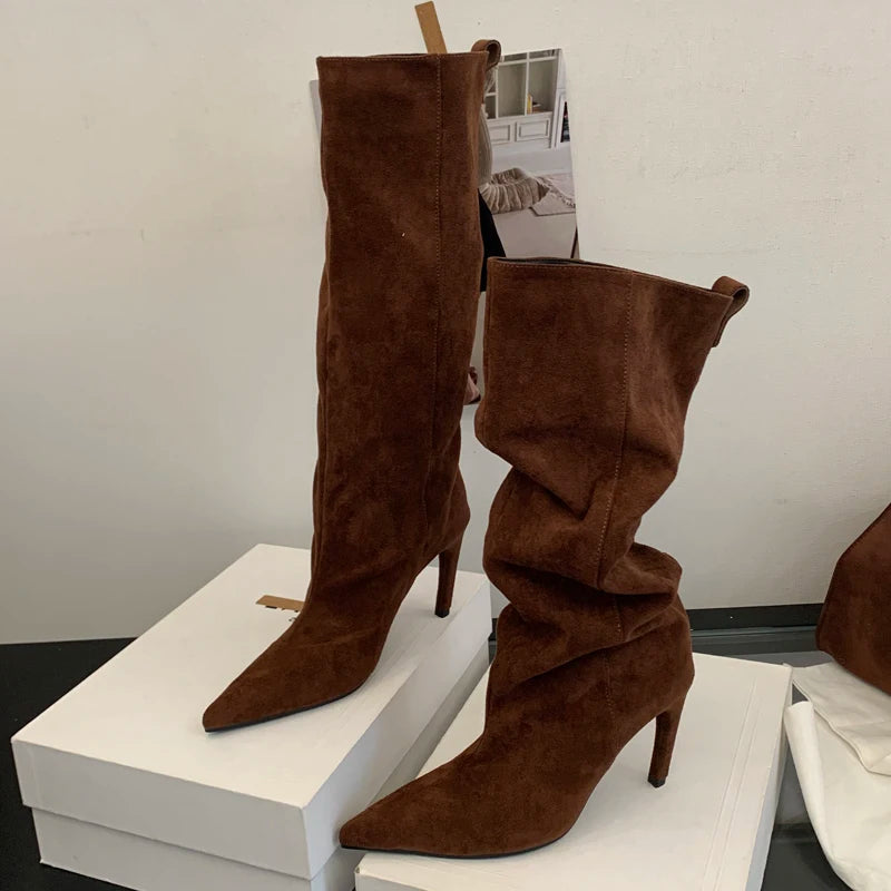 Bottes Hautes Femme Effet Daim à Talon Haut – Bout Pointu
