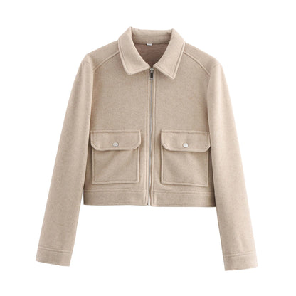 Veste Courte Femme Beige à Zip – Col Chemise & Poches Plaquées