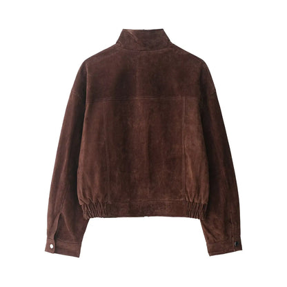 Veste Femme Marron Effet Daim – Coupe Courte à Col Montant
