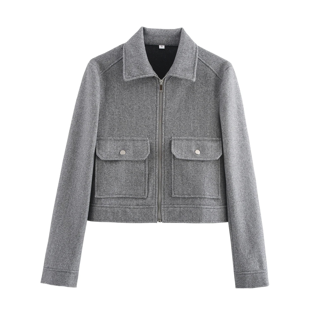 Veste Courte Femme Beige à Zip – Col Chemise & Poches Plaquées