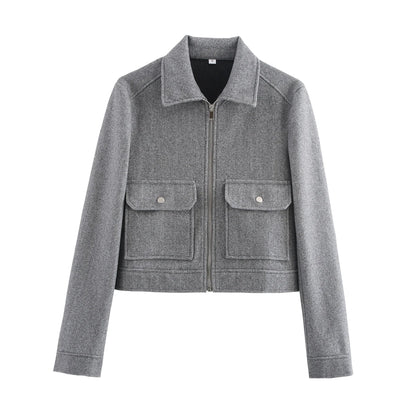 Veste Courte Femme Beige à Zip – Col Chemise & Poches Plaquées