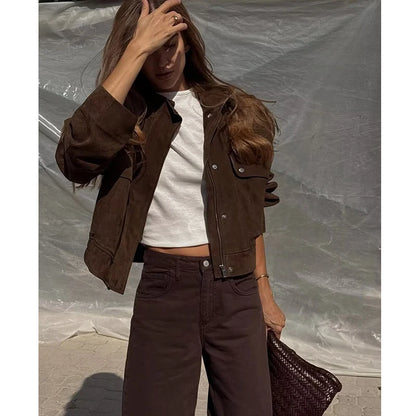 Veste Femme Marron Effet Daim – Coupe Courte à Col Montant