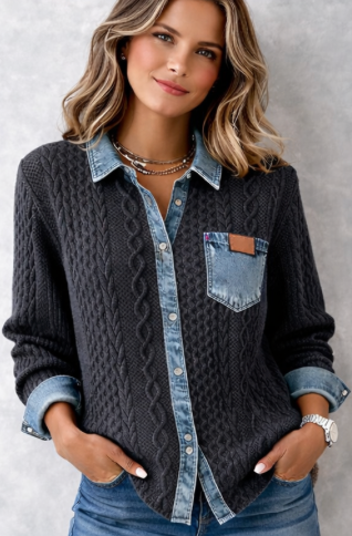 Chemisier Col Contrasté Femme Boutons & Poche Poitrine Style Chic Moderne