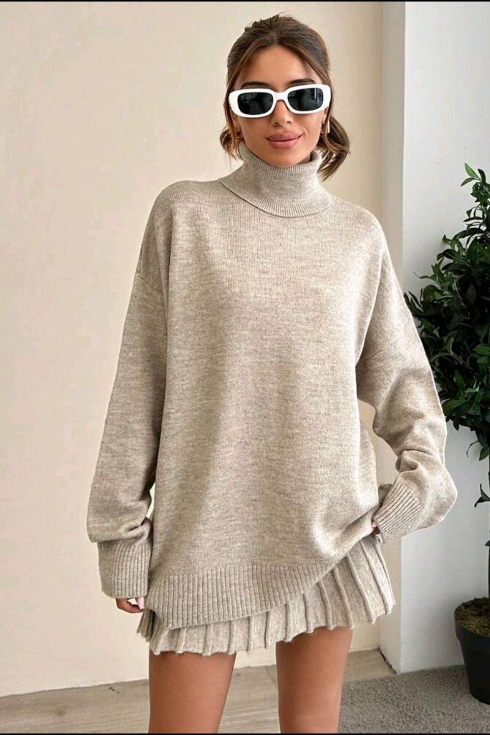 Koriora | Ensemble 2 Pièces Emily Chocolat — Col Roulé Oversize & Jupe Plissée Automne