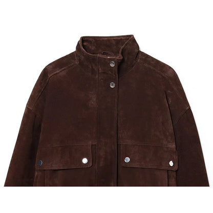 Veste Femme Marron Effet Daim – Coupe Courte à Col Montant