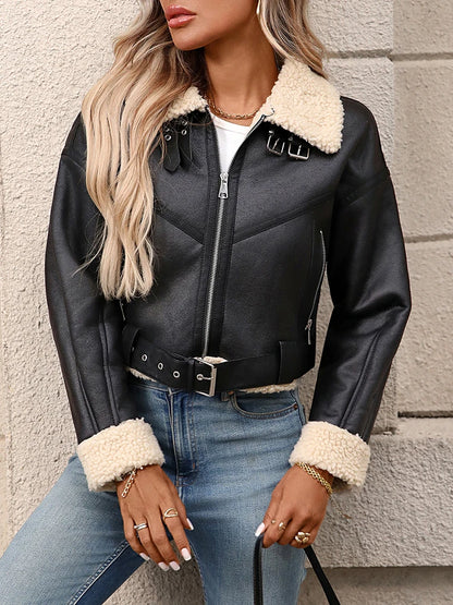 Veste Biker Femme Noire en Simili Cuir à Col Fausse Fourrure – Ceinturée
