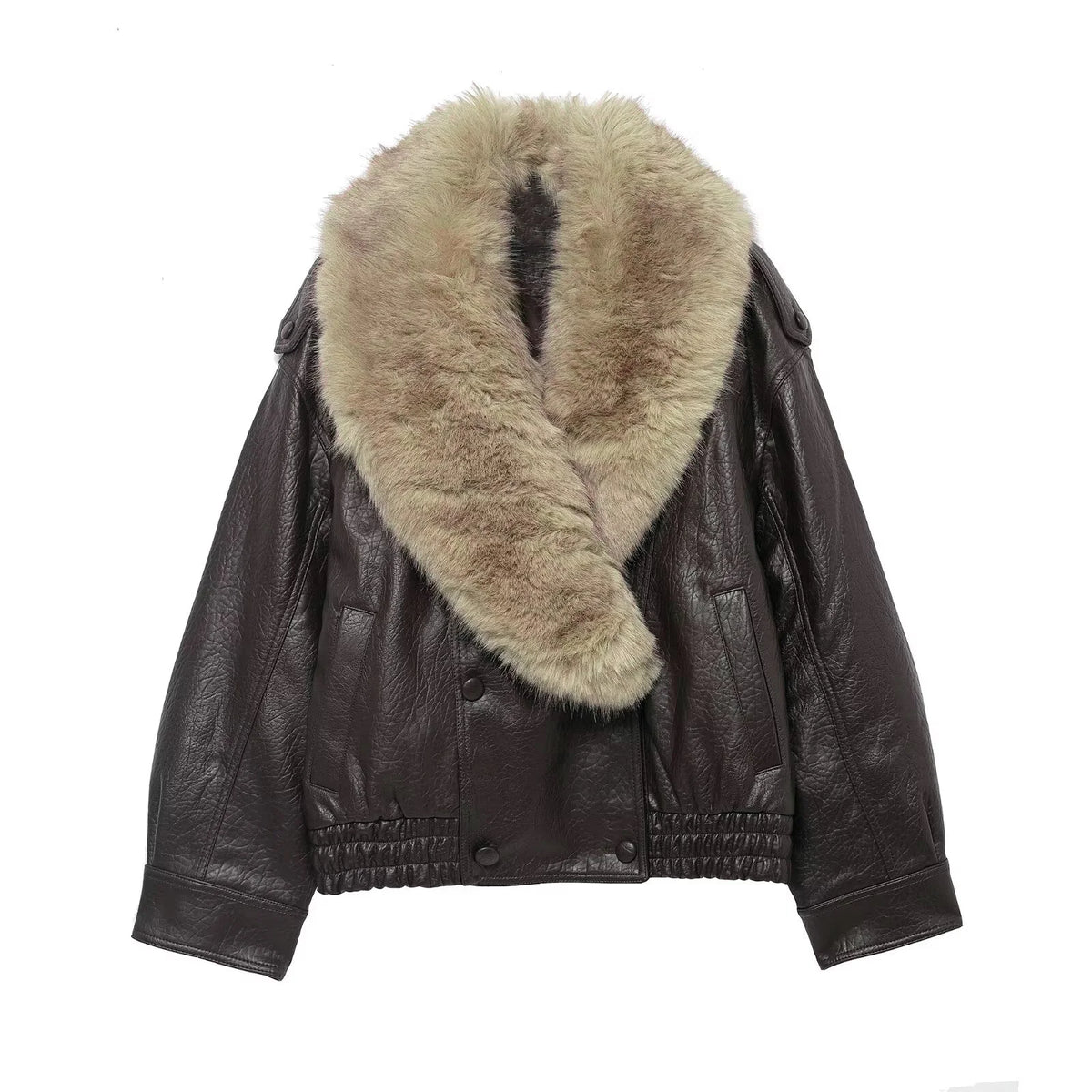 Veste Femme Marron en Simili Cuir à Grand Col Fourrure – Coupe Oversize