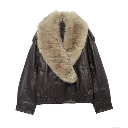Veste Femme Marron en Simili Cuir à Grand Col Fourrure – Coupe Oversize