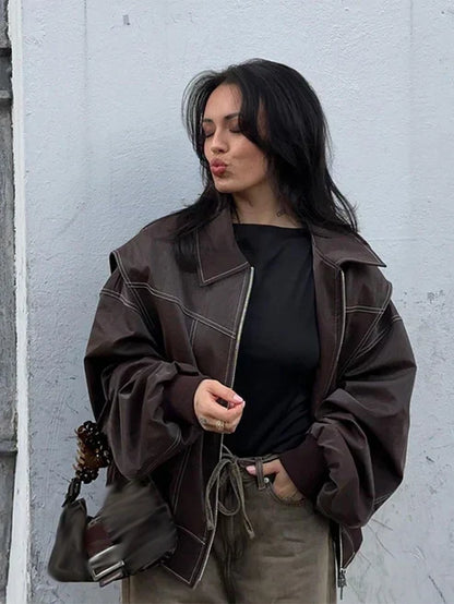 Koriora | Veste Cuir Ember — Bomber Oversize Femme en Similicuir Chic & Tendance