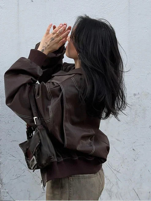 Koriora | Veste Cuir Ember — Bomber Oversize Femme en Similicuir Chic & Tendance