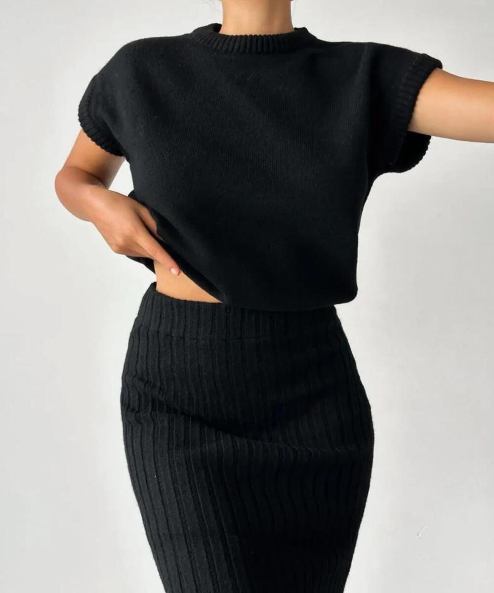 Koriora | Ensemble Maille Élise – Ensemble Femme 2 Pièces | Top Côtelé & Jupe Midi Élégante
