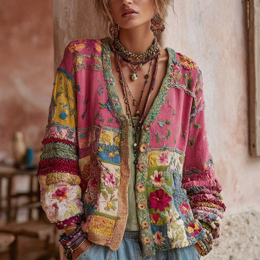 Koriora | Bohemian Floral Patchwork Cardigan — Artisan Embroidery and Soft V-Neck Knit