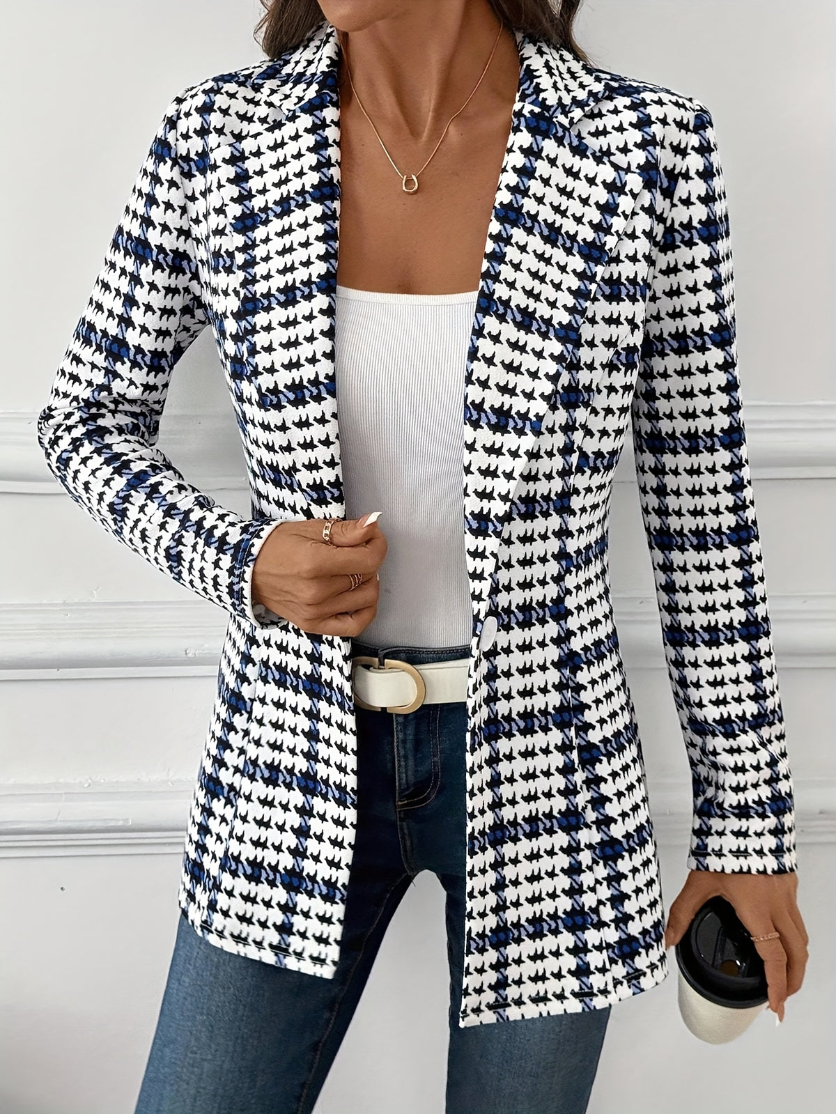 Women's Houndstooth Single-Button Tailored Blazer