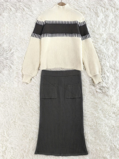 Léonie Women's Ribbed Knit High-Neck Jumper & Midi Skirt Set