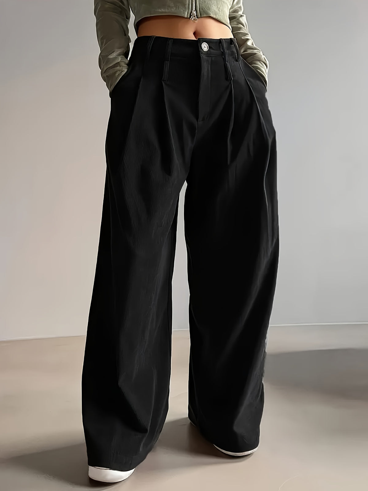 Pantalon Femme Côtelé Taille Haute à Coupe Large Décontracté Élégant