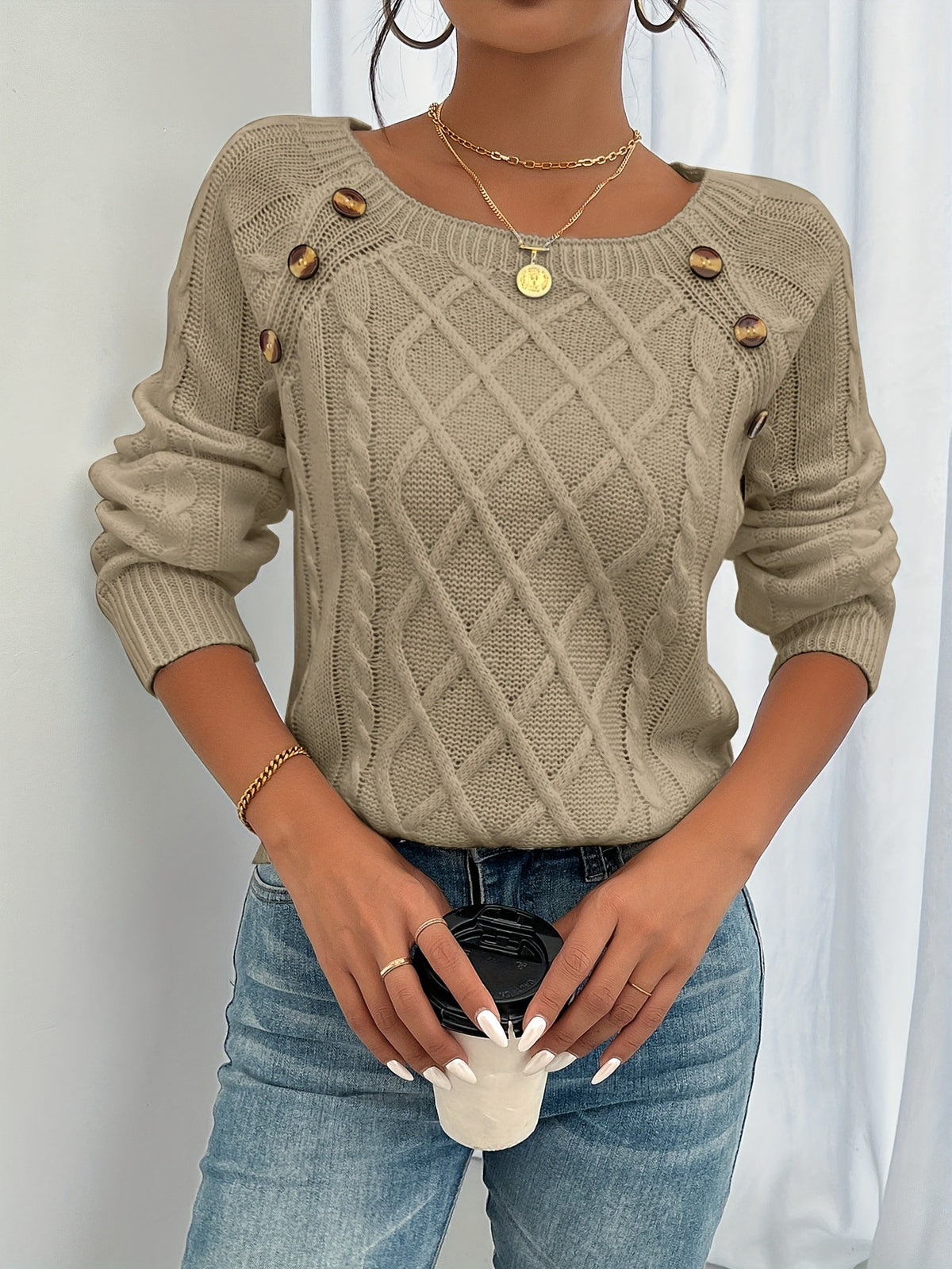 Koriora | Women's Textured Round-Neck Jumper with Lantern Sleeves and Buttons