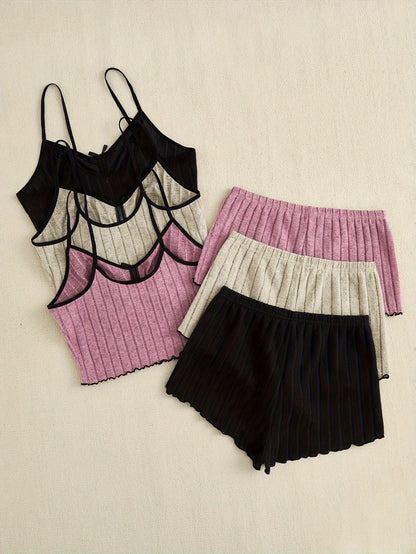 Koriora | Lot de 3 Ensembles Pyjama Côtelé Femme — Débardeur Col V & Short Doux Toutes Saisons
