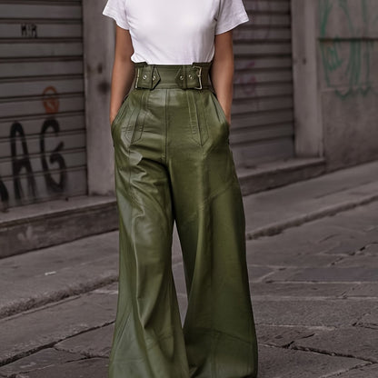 Pantalon Femme Taille Haute Cuir Jambes Larges & Ceinture